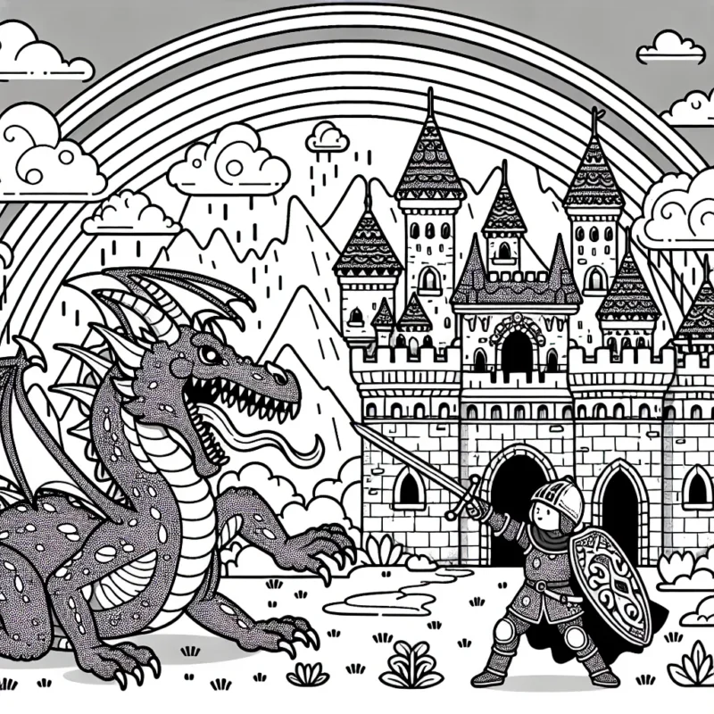 Dans ce dessin, un jeune chevalier courageux combat un gigantesque dragon cracheur de feu dans un royaume lointain. Le château royal se dresse en arrière-plan, avec des tours de guet, des remparts élaborés et un pont-levis. Un arc-en-ciel illumine le ciel au-dessus d'eux, créant une atmosphère féerique. Fais preuve de créativité pour remplir ce dessin de couleurs vives et captivantes !