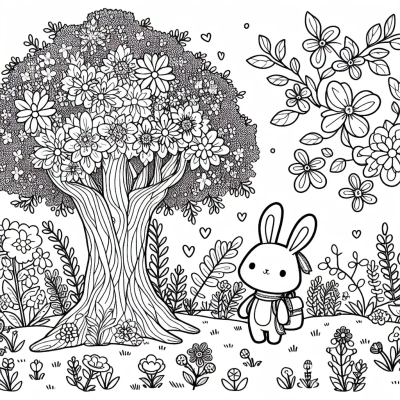 Un joli petit lapin se tient près d'un arbre majestueux en fleurs au cœur d'une prairie enchantée, avec des fleurs de différentes espèces agrémentant la scène alentour. Il porte un adorable petit sac à dos avec lui.