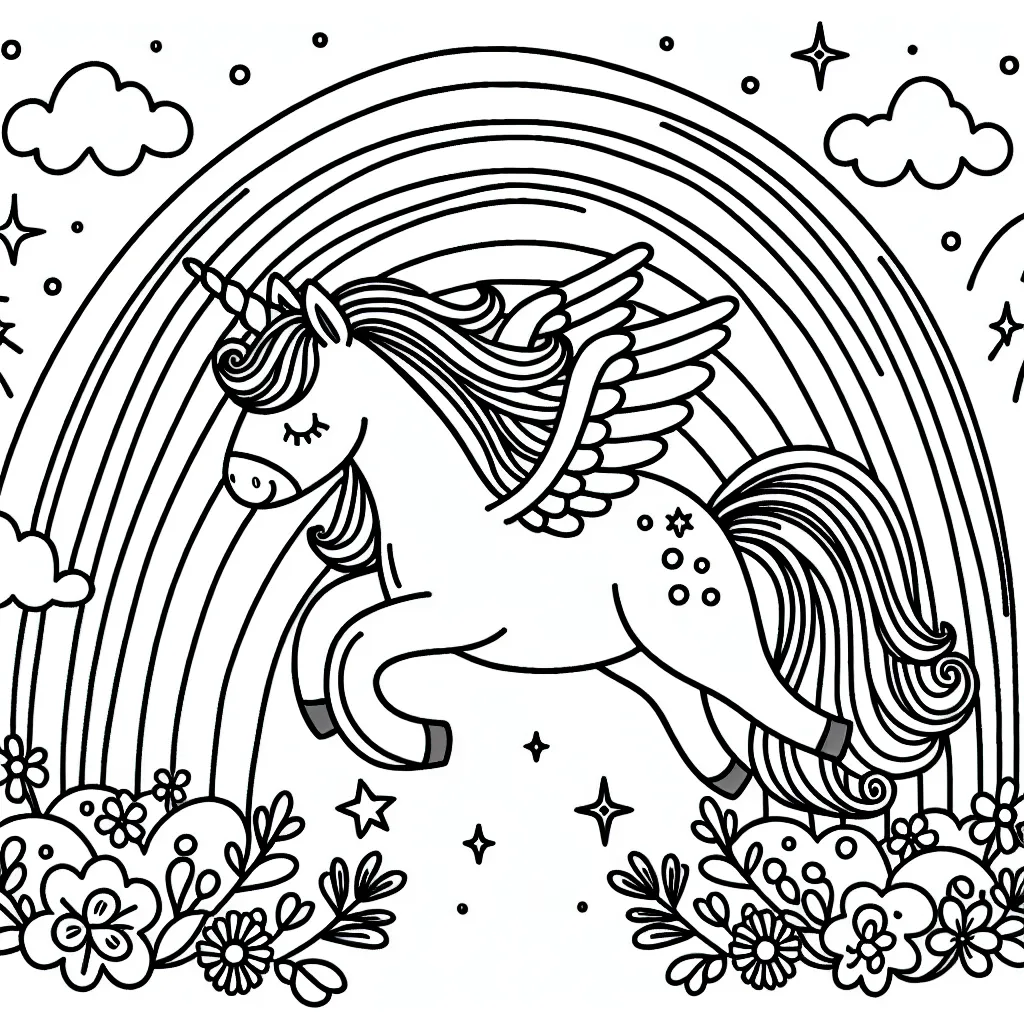 L'image montre une licorne volante et un arc-en-ciel. La licorne a des ailes majestueuses et une longue crinière ondulée. L'arc-en-ciel est grand et couleur vive. Des étoiles scintillantes tombent du ciel. Des fleurs colorées et autres plantes poussent sur le sol où la licorne se prépare à atterrir.