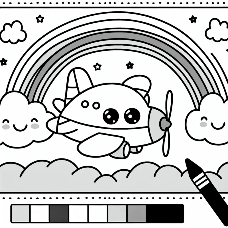 Imaginez un coloriage mettant en scène un avion doublé d'un arc-en-ciel et de nuages joyeux.