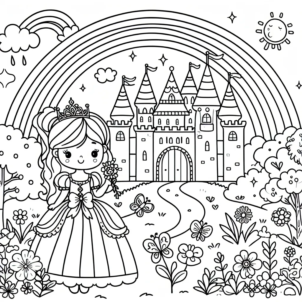 Dessine une belle princesse devant un château magique au milieu d'un jardin fleuri ensoleillé, avec un arc-en-ciel, un papillon et un oiseau.