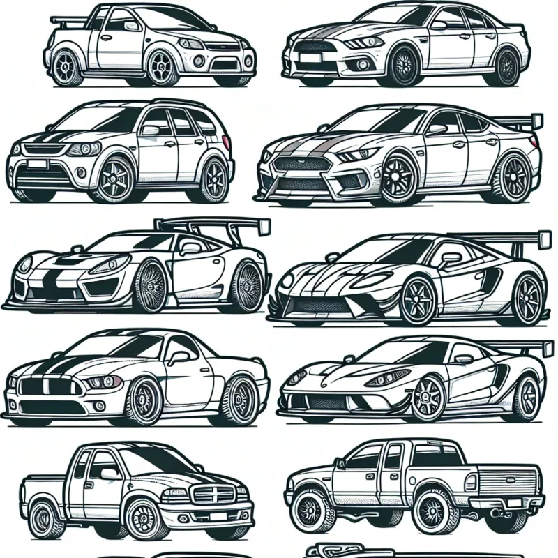 Des voitures de différentes marques sont alignées l'une à côté de l'autre, attendant d'être colorées. Il y a une Peugeot, une Renault, une Mercedes, une BMW, une Ferrari et une Ford. De plus, il y a des détails à colorer : les logos de marque, les jantes, les phares et les feux arrière.