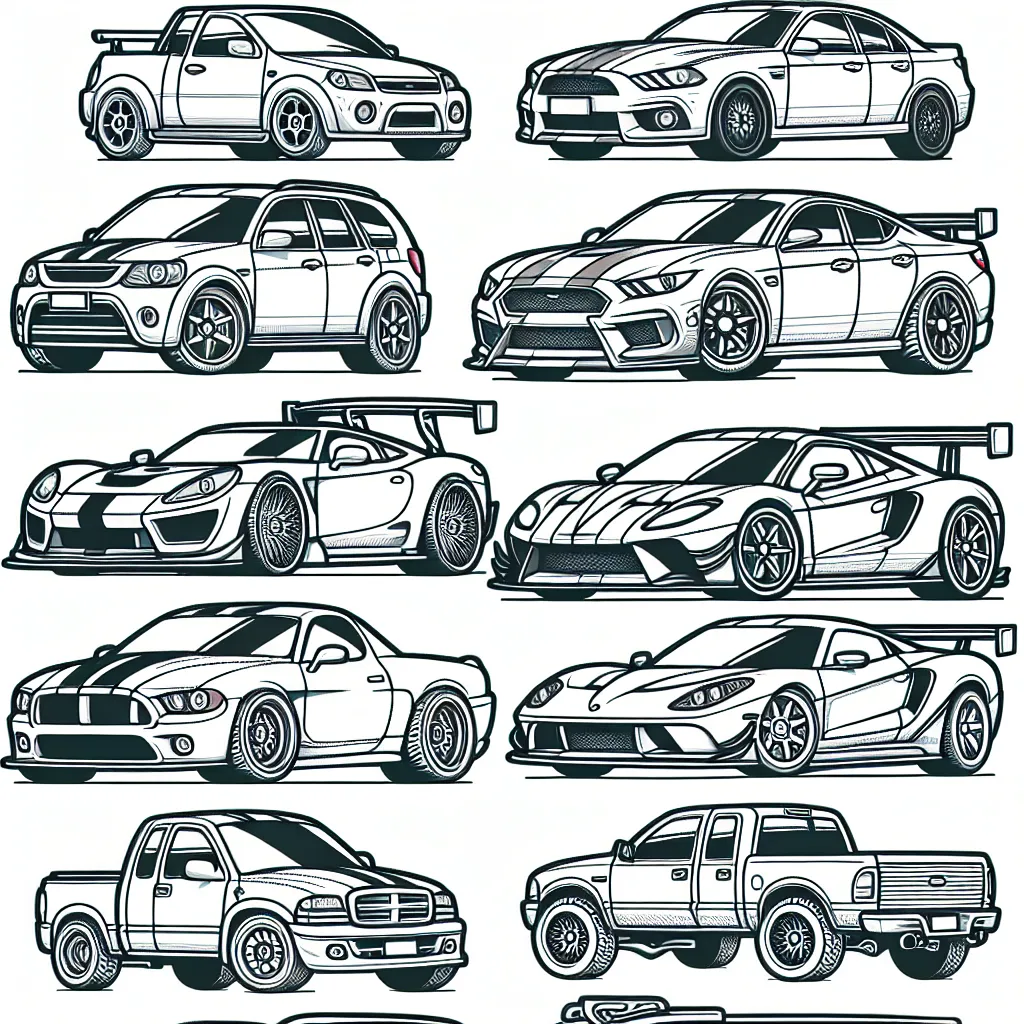 Des voitures de différentes marques sont alignées l'une à côté de l'autre, attendant d'être colorées. Il y a une Peugeot, une Renault, une Mercedes, une BMW, une Ferrari et une Ford. De plus, il y a des détails à colorer : les logos de marque, les jantes, les phares et les feux arrière.