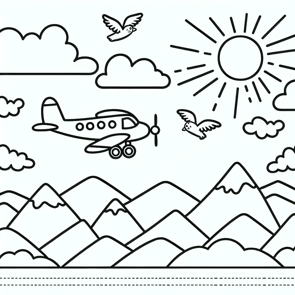 Un avion volant au-dessus des montagnes avec des oiseaux et le soleil à l'arrière-plan.