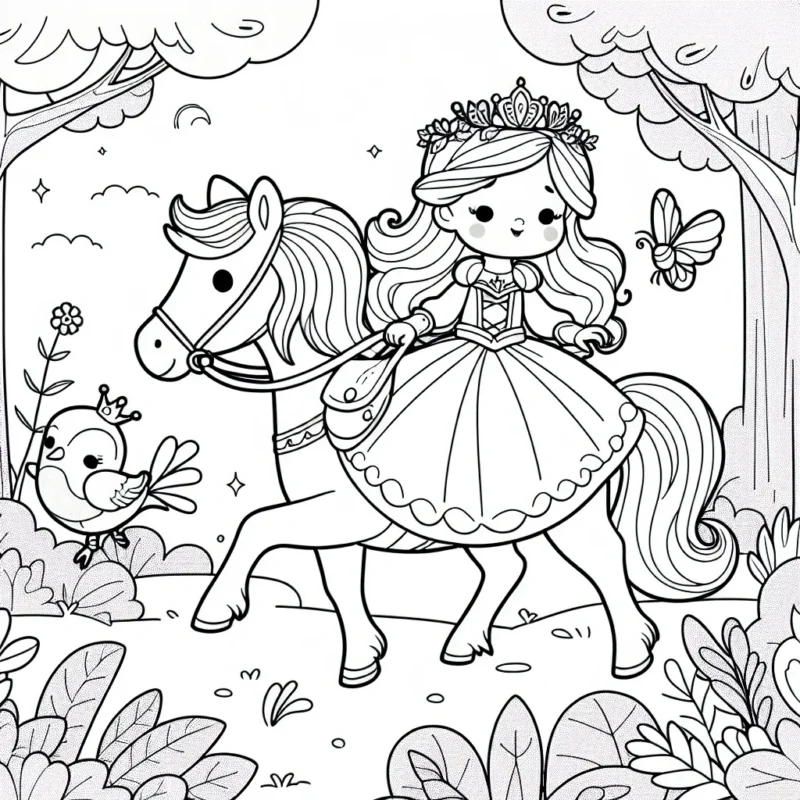 Imagine une petite princesse courageuse qui brave une forêt enchantée pour trouver une fleur magique. Elle chevauche un magnifique poney, et est accompagnée de son fidèle ami, un oiseau chantant.