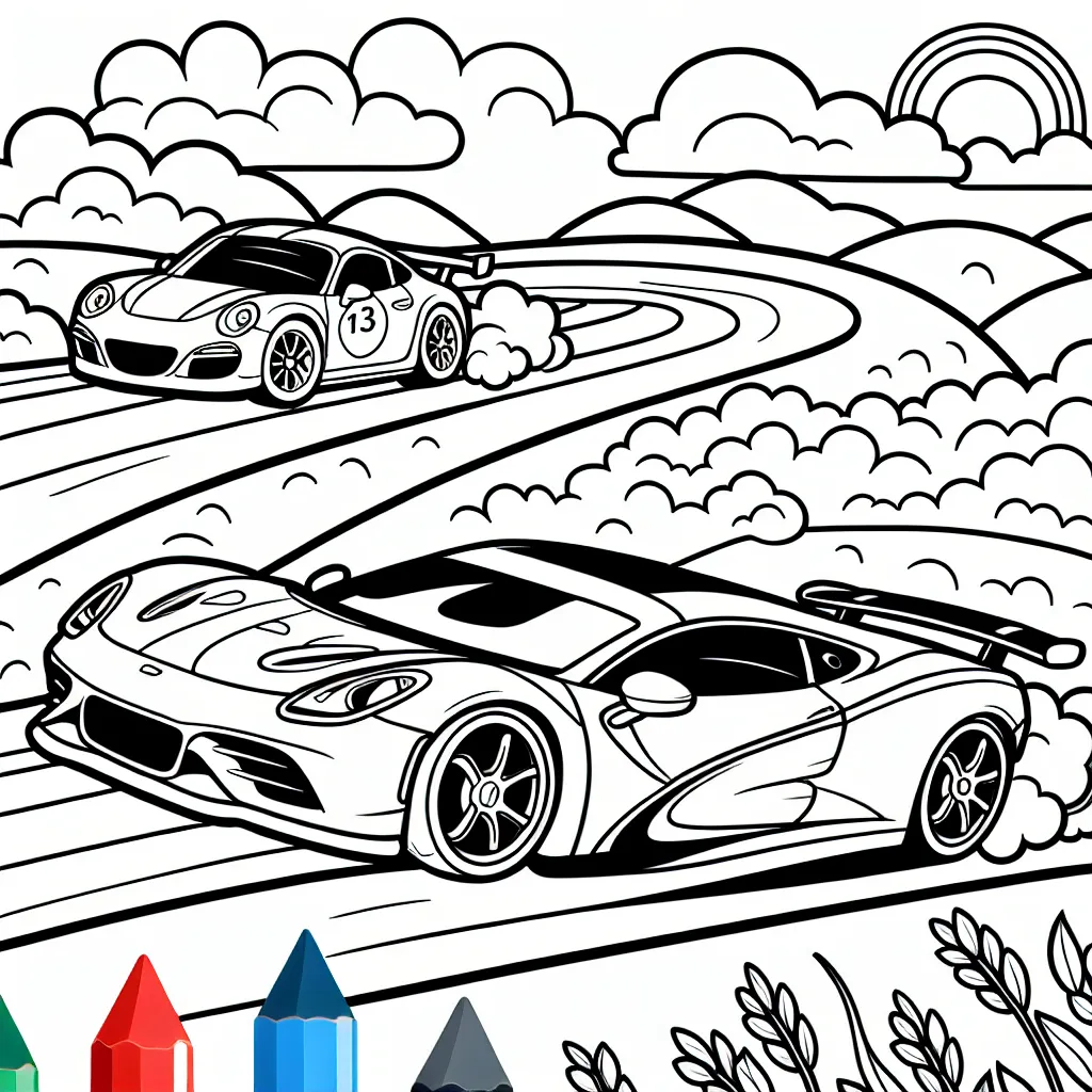 Dessine une course passionnante entre une voiture de sport rouge flambant neuve et une voiture de course bleue virevoltant à travers les collines