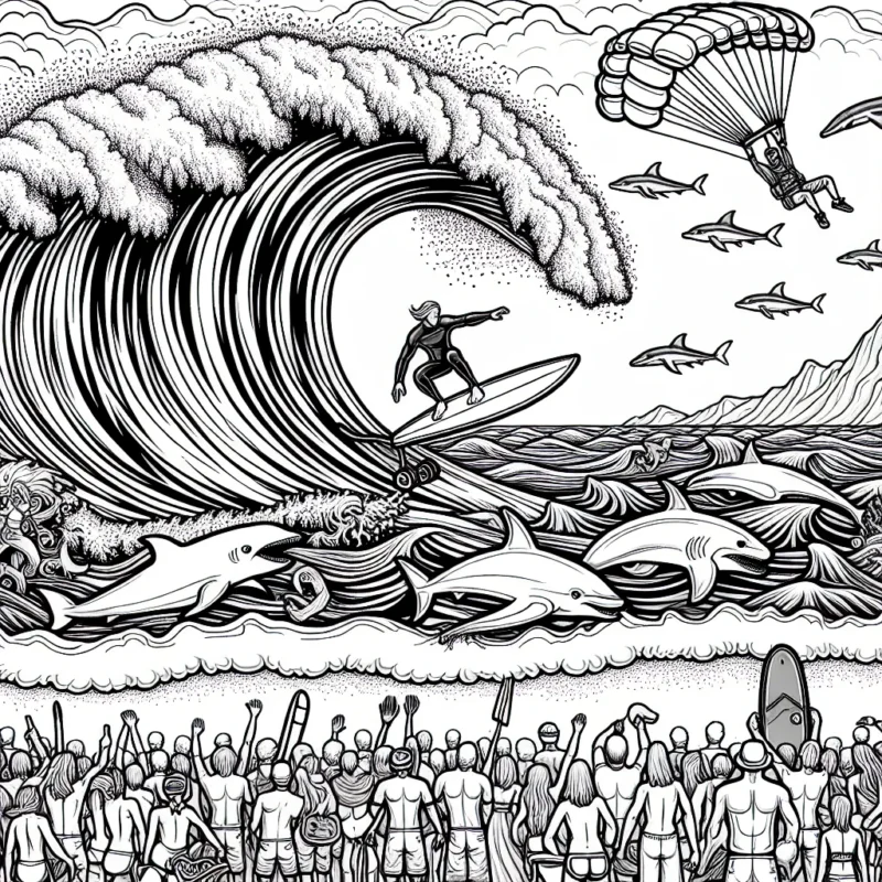 Une planche de surf géante dansant sur une vague gigantesque avec un surfeur intrépide au sommet. Sous l'eau se trouvent des créatures marines comme des dauphins, des requins et des poissons colorés. Sur la plage, divers spectateurs et autres athlètes extrêmes tels que des skateurs et des parachutistes, admirant le surfeur audacieux.