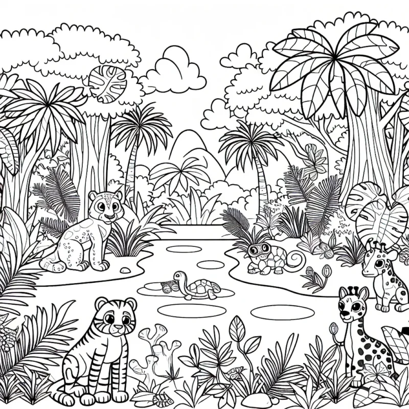 Un jardin tropical plein d'animaux exotiques et de plantes rares.