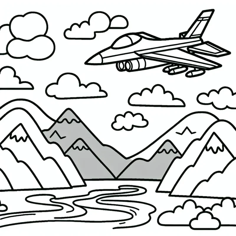 Dessine un avion de chasse survolant un paysage montagneux, avec des nuages dispersés dans le ciel et une rivière qui serpente à travers les vallées en dessous.