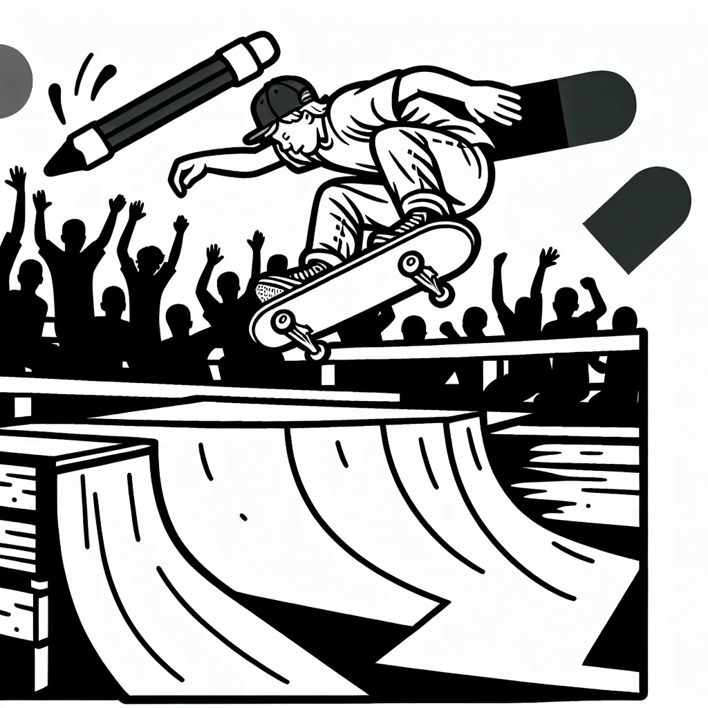 Dessine une scène dynamique de sport extrême mettant en vedette un skateur réalise un saut audacieux par-dessus une rampes. Assure-toi également d'inclure des supporters en arrière-plan applaudissant l'exploit !