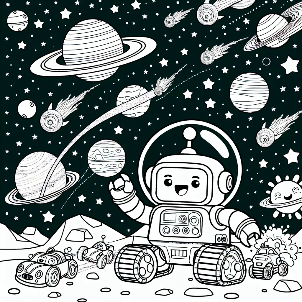 Un joyeux petit robot jouant avec une collection de voitures spatiales colorées sur une planète lointaine dans l'univers. Le robot est illustré en train de rire aux éclats tandis qu'il fait la course avec ses voitures sur des anneau de Saturne. Des étoiles, comètes et planètes lointaines parsèment l'arrière-plan, créant une ambiance d'aventure spatiale.