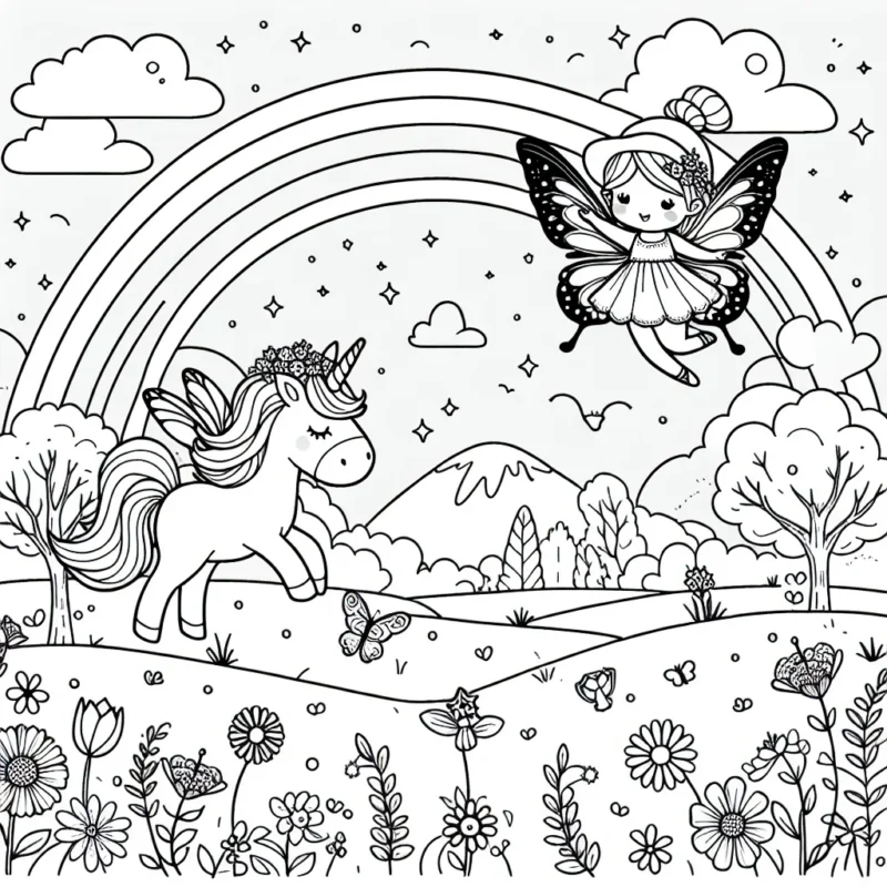 Imagine une scène féerique où une petite fée vole au-dessus d'une prairie fleurie, avec une licorne à ses côtés et un arc-en-ciel en arrière-plan.