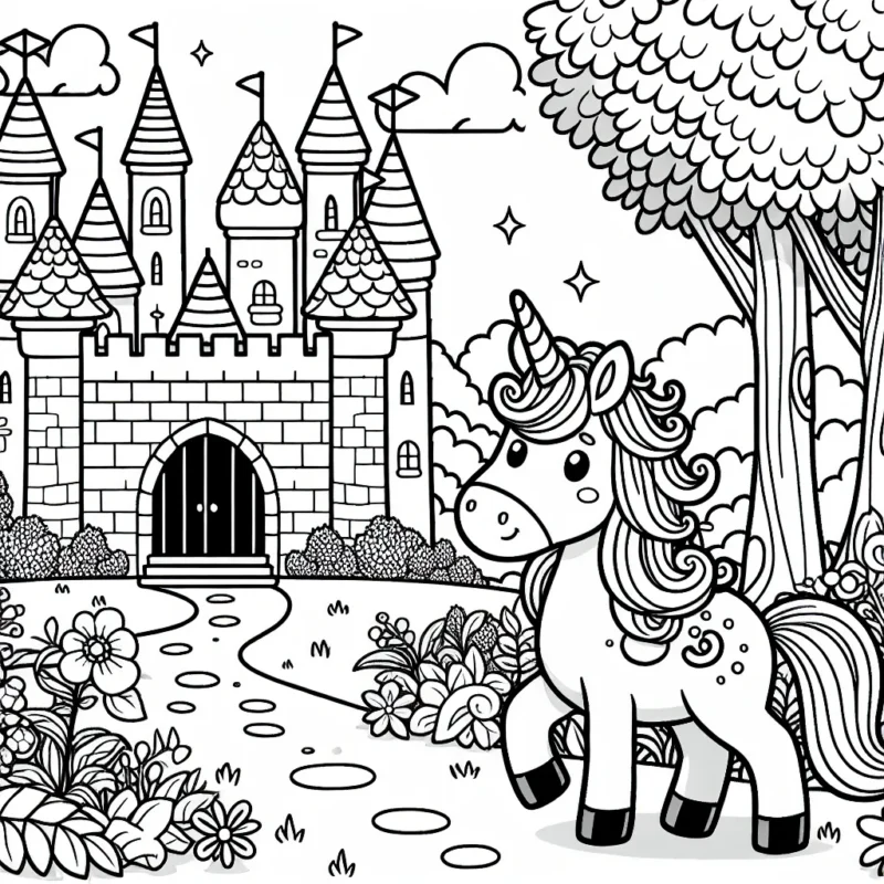 Une licorne près d'un château enchanté dans un pays de merveilles