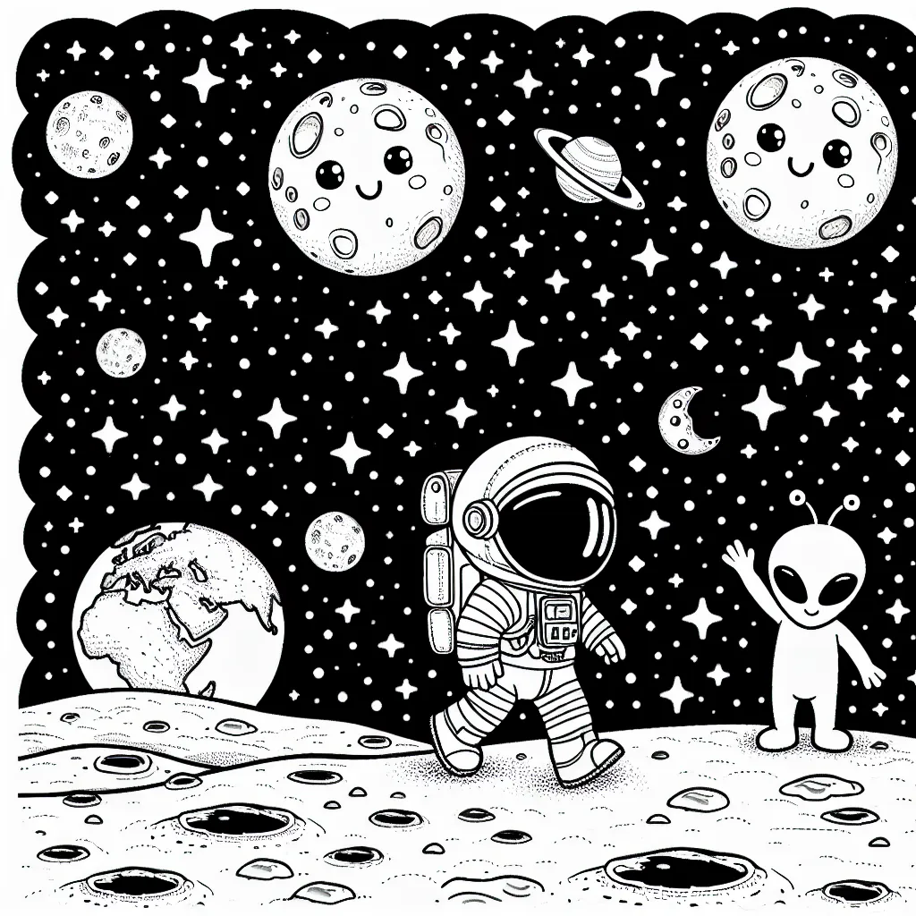 Un astronaute marche sur la lune, avec la Terre à l'arrière-plan. Il existe aussi deux aliens mignons qui font signe à l'astronaute. Il y a différents cratères sur la surface de la lune, ainsi que des étoiles étincelantes dans le ciel.