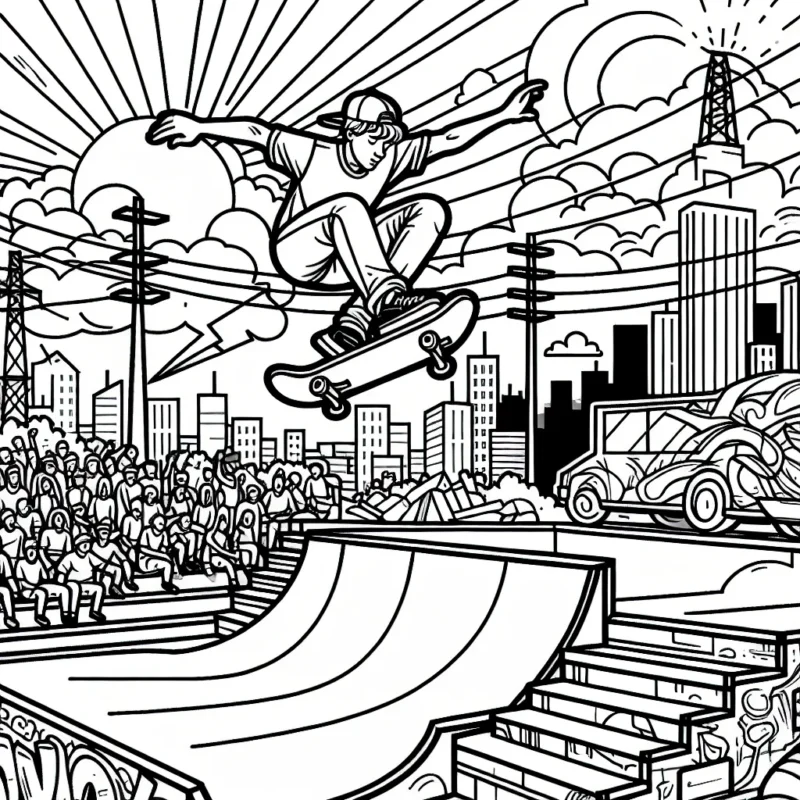 Imaginez un skateur professionnel exécutant une figure complexe sur une mega rampe d'un parc de skate, avec un paysage urbain dynamique en arrière-plan. Vous voyez les bâtiments, les graffitis sur les murs, un ciel couvert de lignes électriques, des spectateurs impressionnés sur les côtés qui encouragent le skateur et le soleil qui se couche avec des couleurs vives étalées dans le ciel.