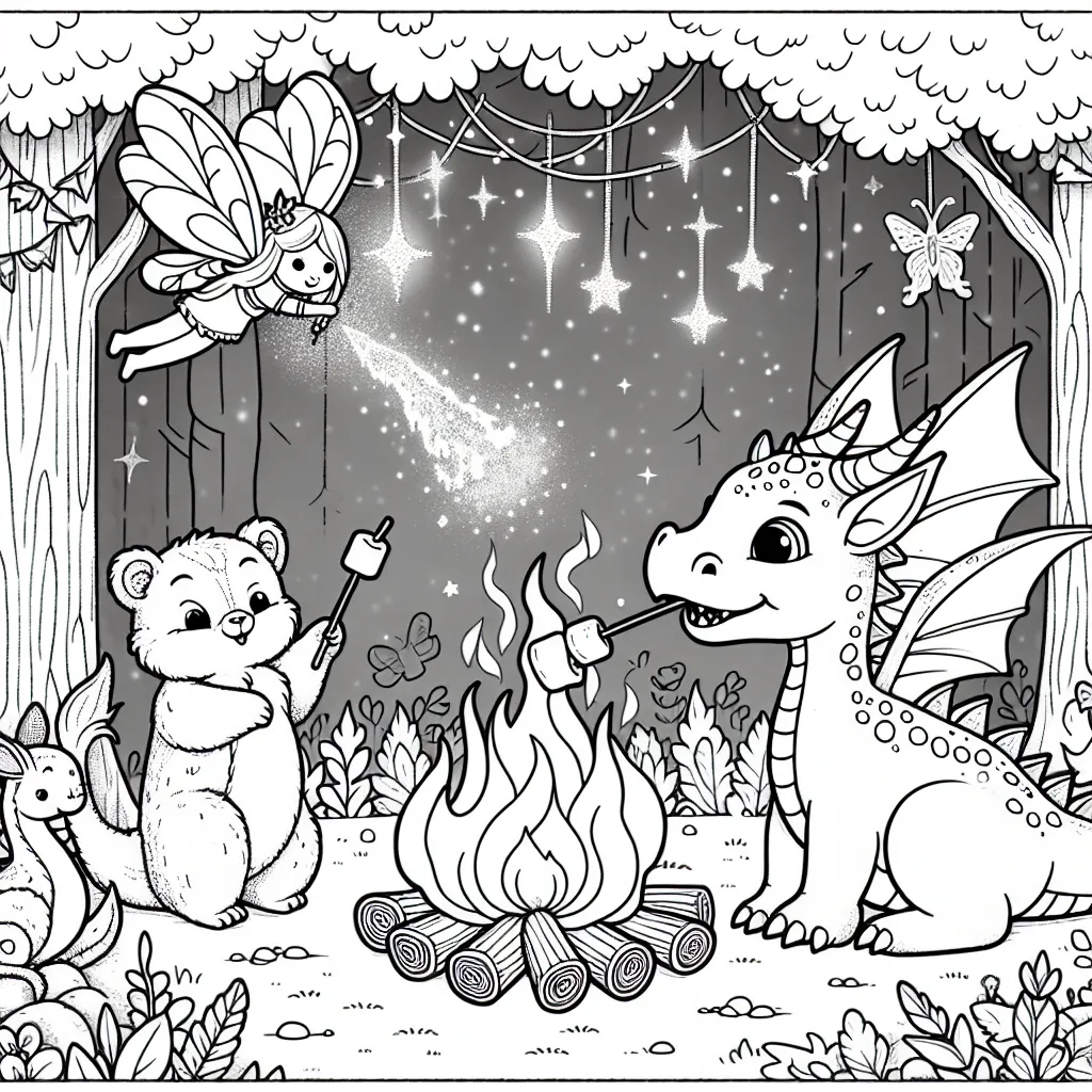 Tout près d'une forêt enchantée, un petit dragon amical crache du feu pour griller des marshmallows avec ses amis les animaux de la forêt, tandis qu'une gentille fée vole autour de lui en distribuant de la poussière de fée scintillante.