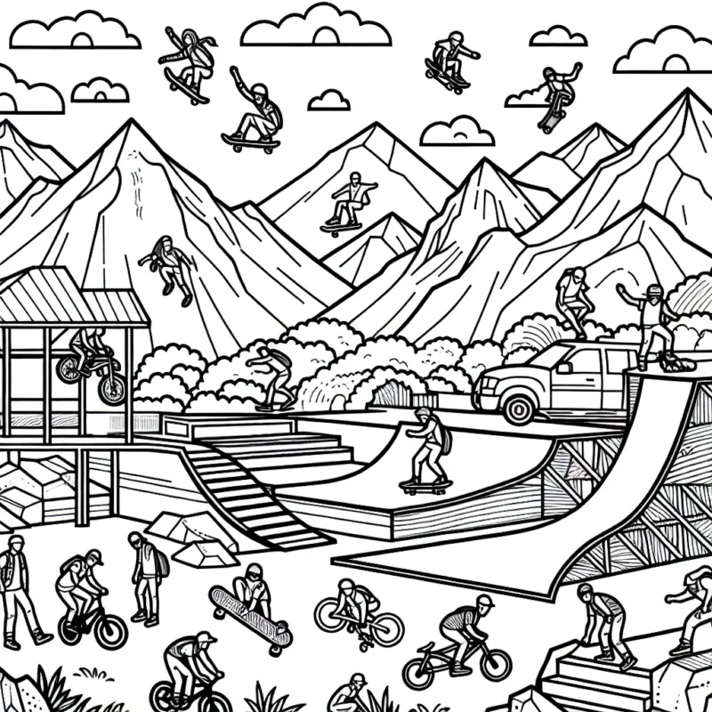 Sur votre feuille se dessine un parc de sports extrêmes bourré d'action. Il y a des rampes de skateboard, des montagnes pour les VTT, une falaise pour l'escalade et bien plus encore. Il y a aussi des personnes faisant ces sports, donnant vie à l'action. Certaines personnes sautent très haut, d'autres effectuent des tricks impressionnants. Il y a beaucoup de détails à colorer ici, alors utilisez votre imagination et une variété de couleurs pour donner vie à ce parc de sports extrêmes.