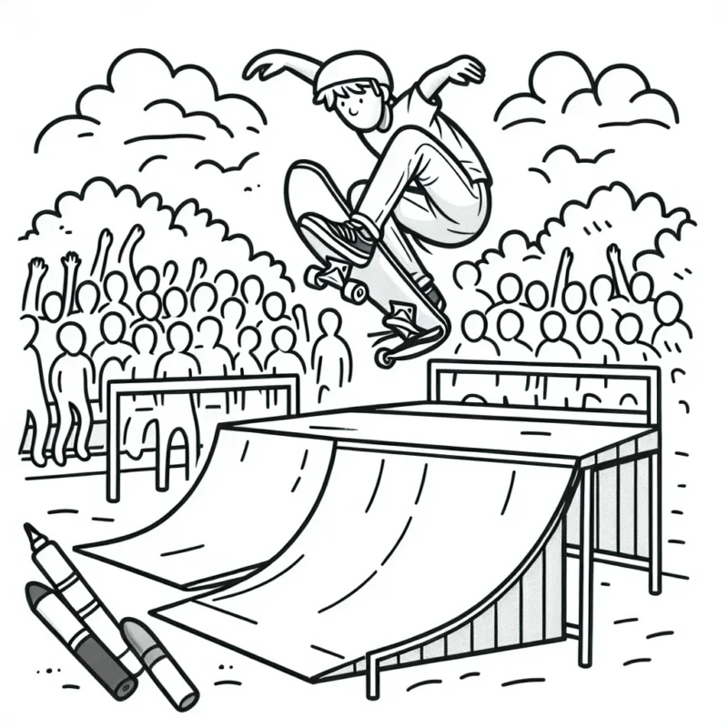 Dessine un skateboarder exécutant un trick aérien impressionnant dans un half-pipe, avec un public captivé en arrière-plan.