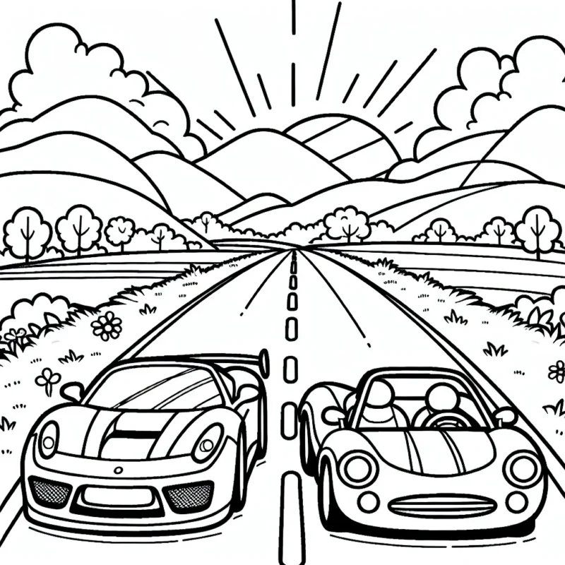 Dessine et colorie une course amicale entre une voiture de sport rouge ultra rapide et une voiture classique bleue sur une route panoramique ensoleillée à travers la campagne.