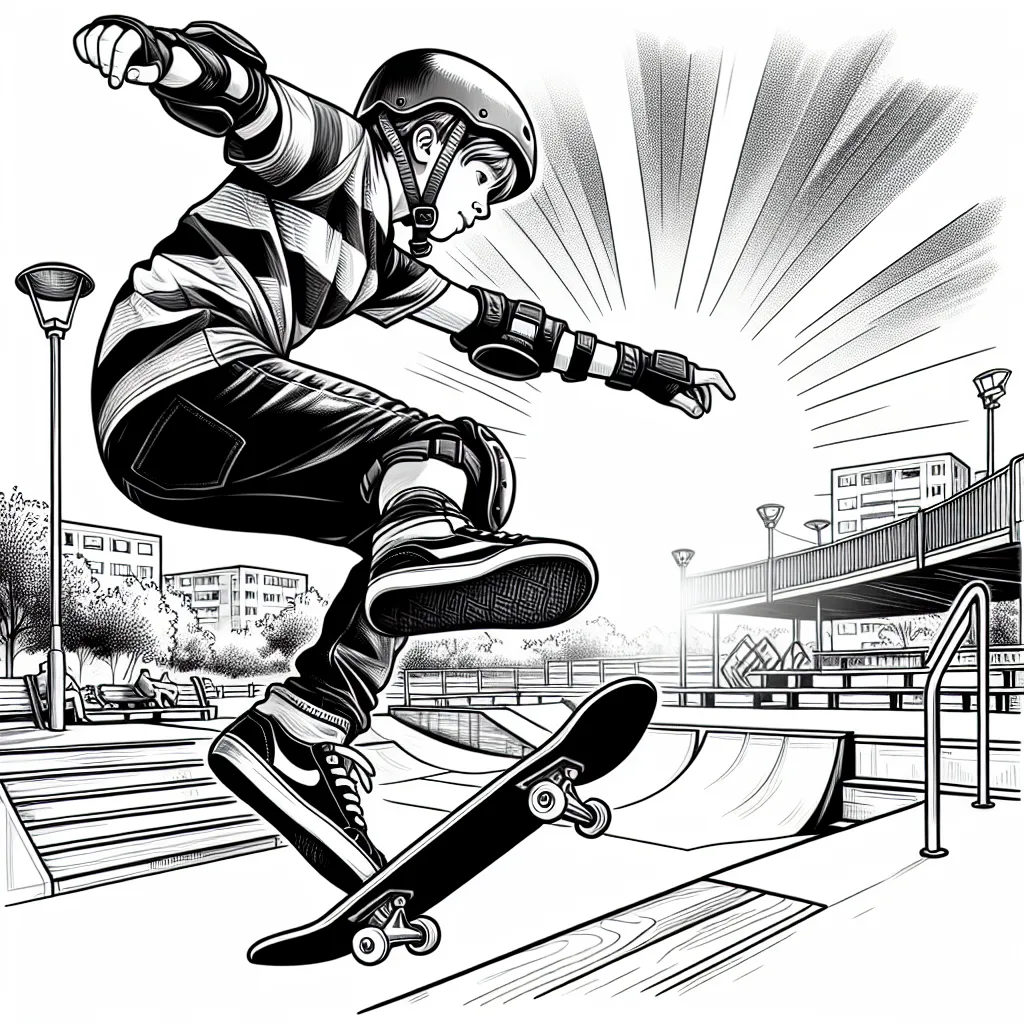 Un skater avec son casque et protections en train de faire une figure acrobatique sur une rampe dans un parc de skate urbain, avec le soleil couchant en arrière-plan.