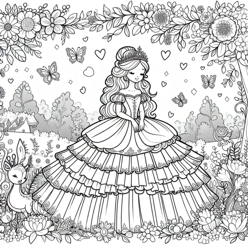 Imaginer une princesse avec une belle robe à volants dans un jardin enchanté peuplé d'animaux magiques et de fleurs aux couleurs vives