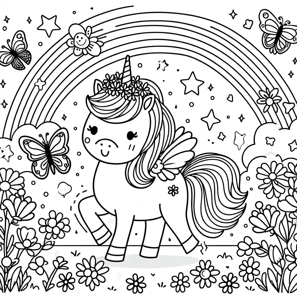 Dans un monde où les licornes dirigent un royaume arc-en-ciel, dessine une petite princesse licorne jouant avec ses amis les papillons colorés dans un champ de fleurs éblouissantes.