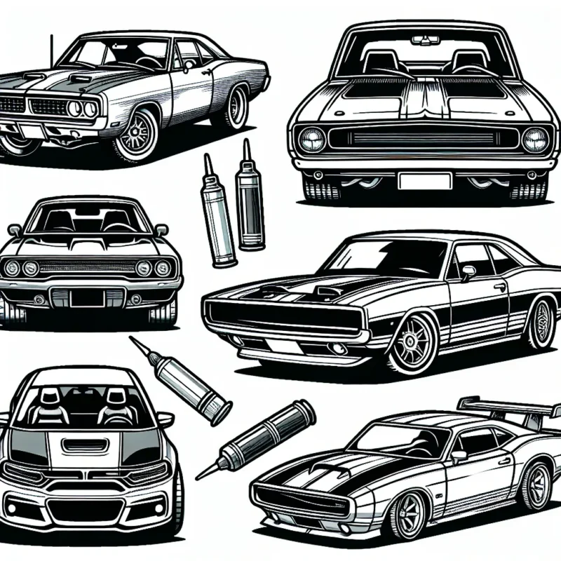 Dessine une variété de voitures en te basant sur les marques. Tu peux inclure des modèles emblématiques comme la Ford Mustang, la Volkswagen Coccinelle, la Tesla Model S, la Peugeot 208, et la Ferrari F40.