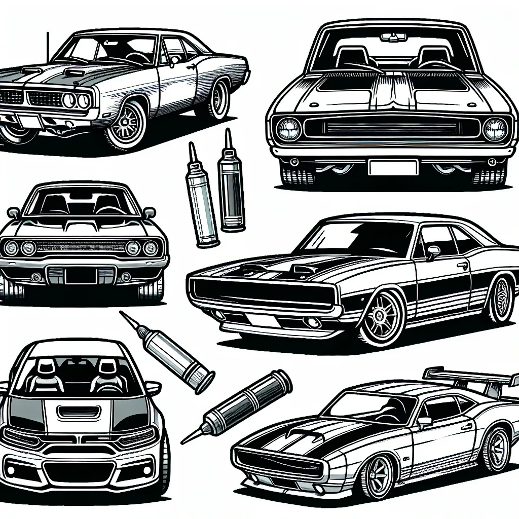 Dessine une variété de voitures en te basant sur les marques. Tu peux inclure des modèles emblématiques comme la Ford Mustang, la Volkswagen Coccinelle, la Tesla Model S, la Peugeot 208, et la Ferrari F40.