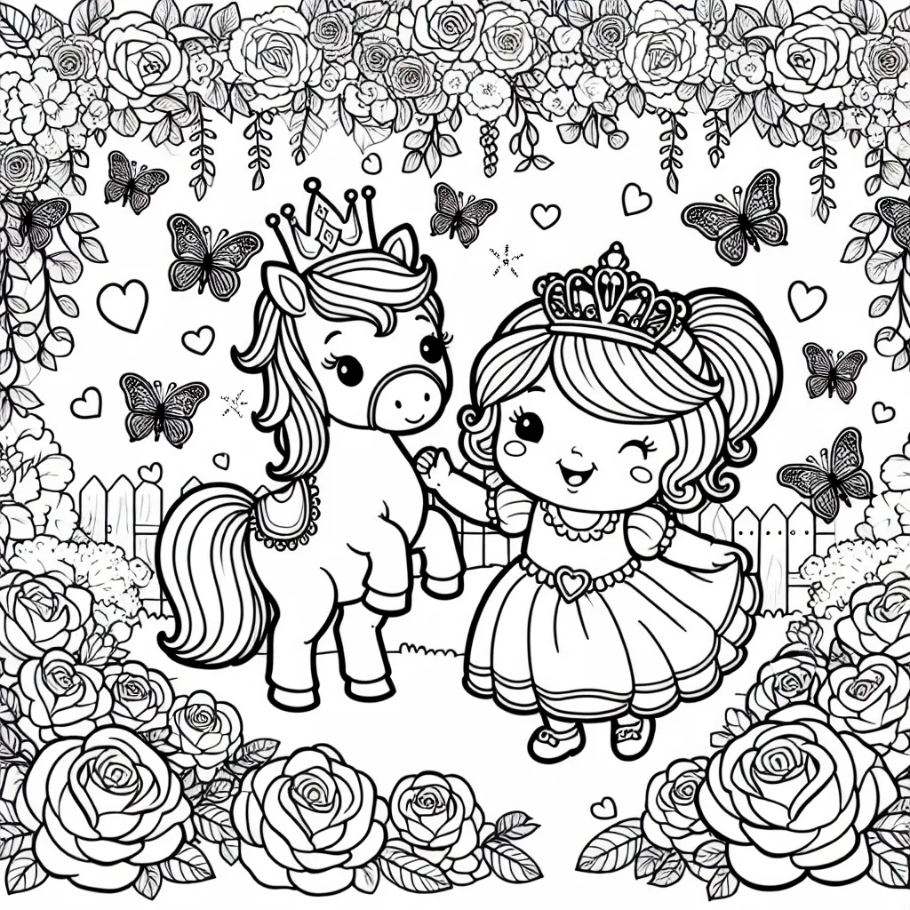 Une petite princesse joue avec son poney préféré dans un jardin enchanté rempli de roses multicolores et de papillons magiques.