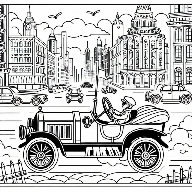 Dessine une course de voitures vintage au milieu d'une ville animée