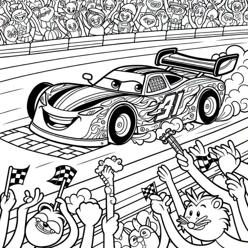 Dessine une scène haute en couleur où une voiture de course flamboyante se lance dans une aventure passionnante sur une piste de course animée. N'oublie pas l'ensemble diversifié d'animaux qui l'encourage de la foule!