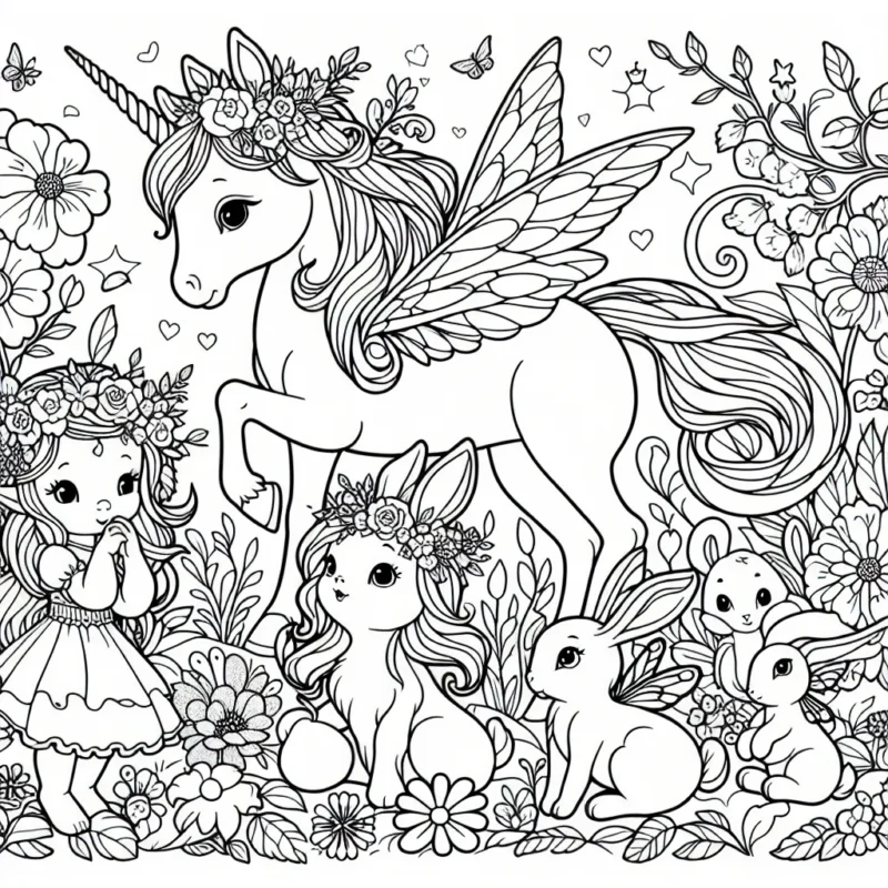 Imaginez un jardin enchanté peuplé de jolies fées, de doux lapins, de belles fleurs et d'une licorne ailée