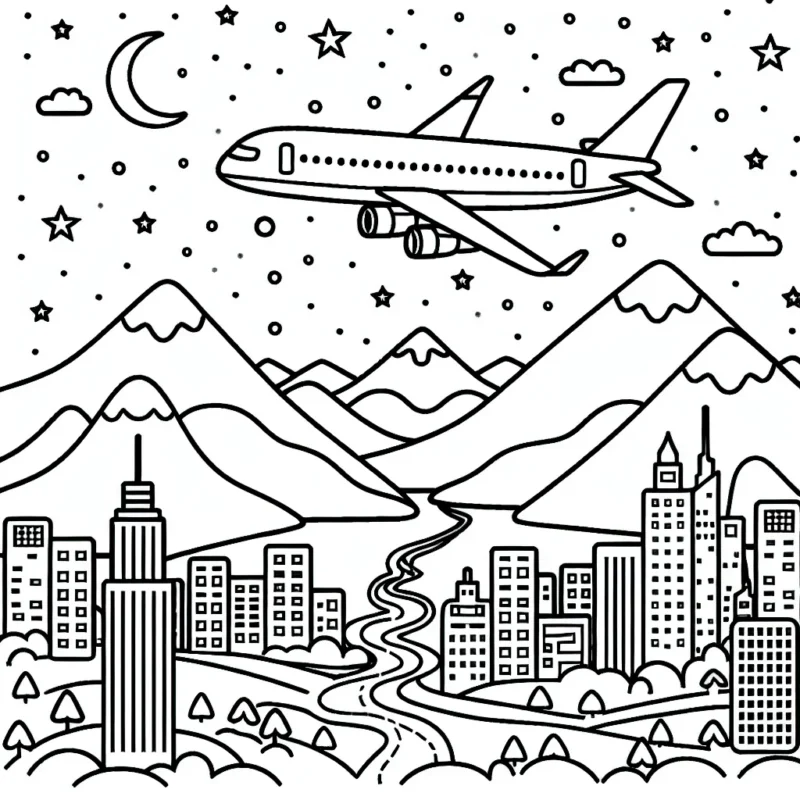 Dessine ton propre avion de ligne volant au-dessus des montagnes et des villes la nuit. N'oublie pas de colorier les lumières de la ville, les étoiles dans le ciel, et bien sûr, l'avion lui-même !