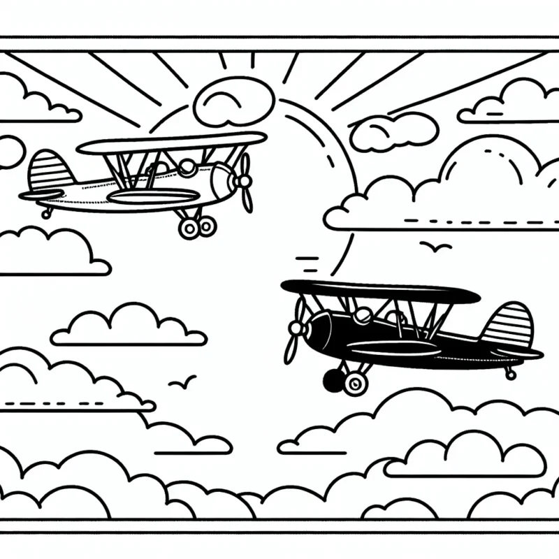 Illustration avec deux avions classiques volant dans le ciel parsemé de nuages, avec un pilote dans chaque avion saluant l'autre. Le soleil est à l'horizon, créant un beau coucher de soleil