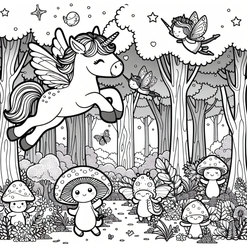 Dessine une licorne volante dans une forêt enchantée où vivent des fées amicales et des créatures magiques.