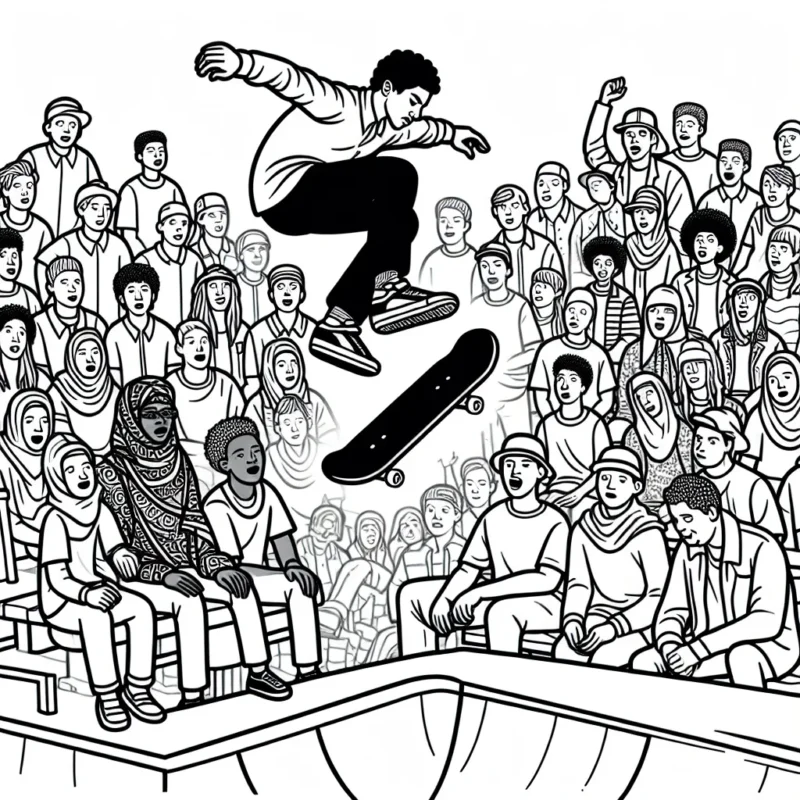 Dessin d'un skateur réalisant un saut audacieux sur une rampe de skatepark, entouré de spectateurs émerveillés.