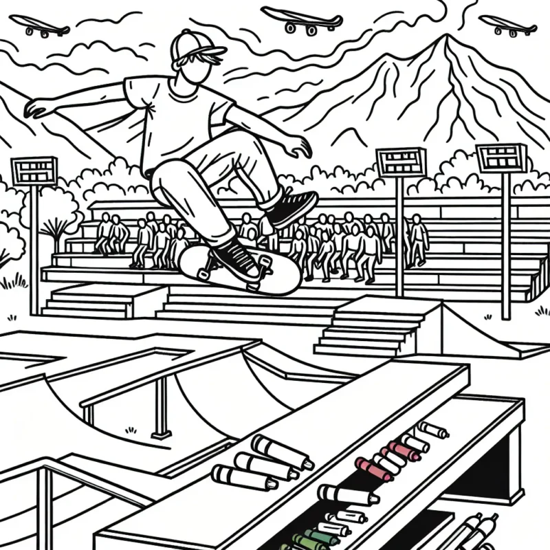 Dessine un skateur exécutant des figures aériennes dans un skatepark, avec plusieurs rampes, des escaliers et des balustrades. Rajoute aussi un public encourageant le skateur et une vue panoramique avec des montagnes en arrière-plan