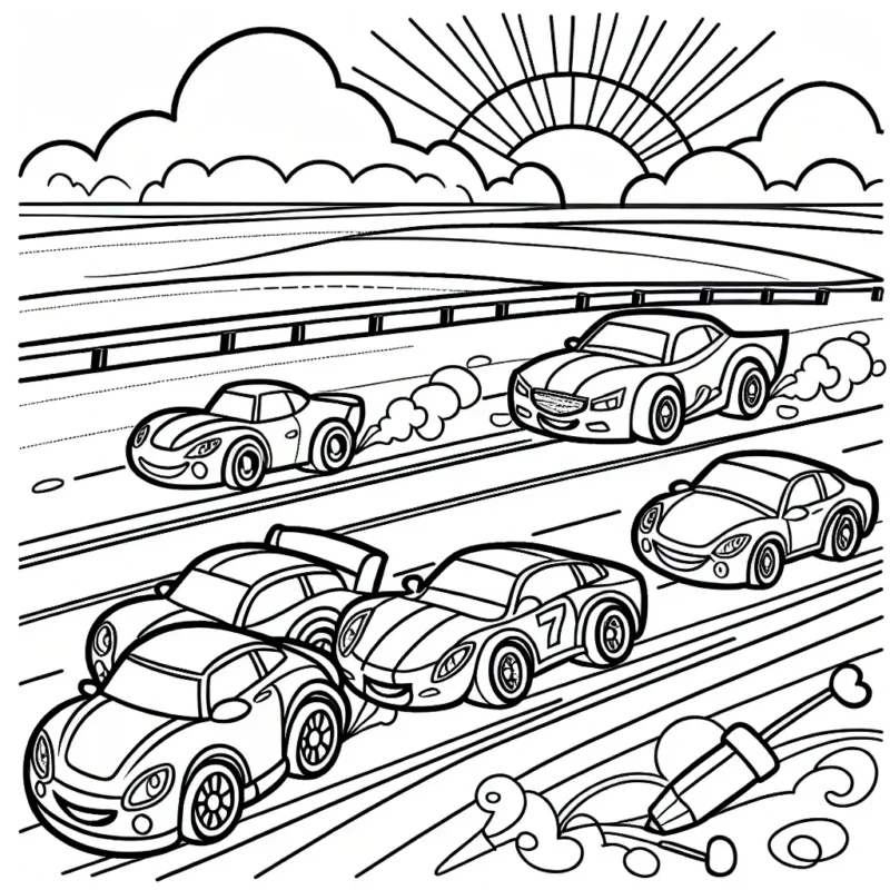 Dessine une scène animée avec trois voitures de différentes formes participant à une course passionnante sur une grande autoroute ensoleillée.