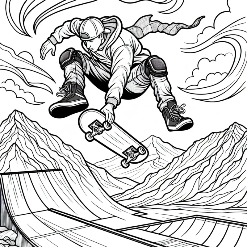 Dans ce dessin, un casse-cou adepte des sports extrêmes est en train de réaliser une incroyable figure en skateboard, suspendu dans les airs au-dessus d'une rampe en forme de demi-cercle. Des montagnes balayées par le vent offrent un paysage de fond époustouflant. Le sportif porte des vêtements baggy stylés, un casque et des genouillères pour sa protection.