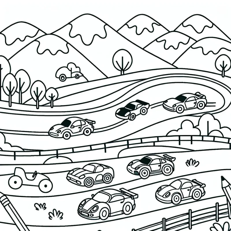 Dessine une course palpitante entre différentes voitures sur une piste de course sinueuse avec des montagnes en arrière-plan