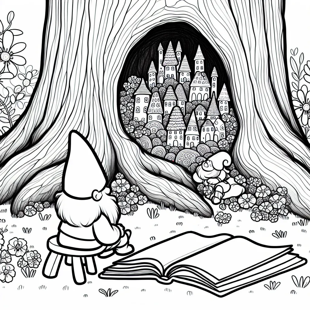 Dessine une cité de gnomes à l'intérieur d'un tronc d'arbre géant