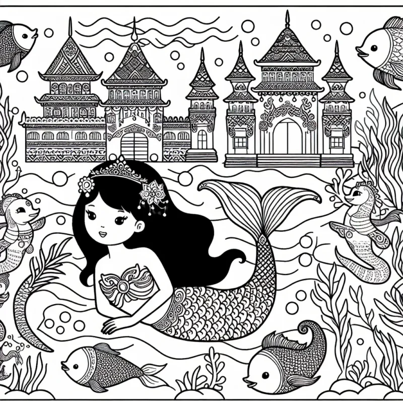 Picture of a mermaid princess in her beautiful underwater castle surrounded by her colourful sea friends