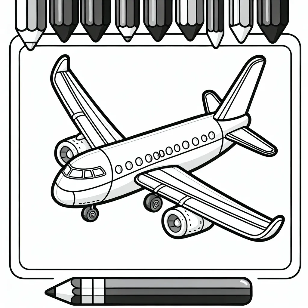 Trace une ligne droite pour le fuselage de l'avion. Ajoute une grande aile sur un côté et une plus petite sur l'autre. N'oublie pas de dessiner la queue de l'avion et ses réacteurs. La cabine du pilote qui est pièce arrondie au sommet du fuselage. Pour finir, ajoute des détails comme des fenêtres et des portes.