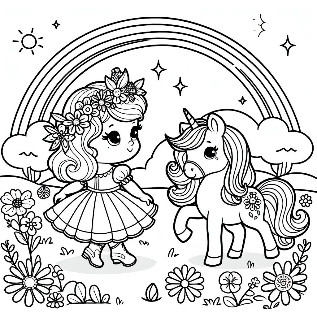 Une petite princesse dans un jardin de fleurs magiques avec son fidèle poney arc-en-ciel.