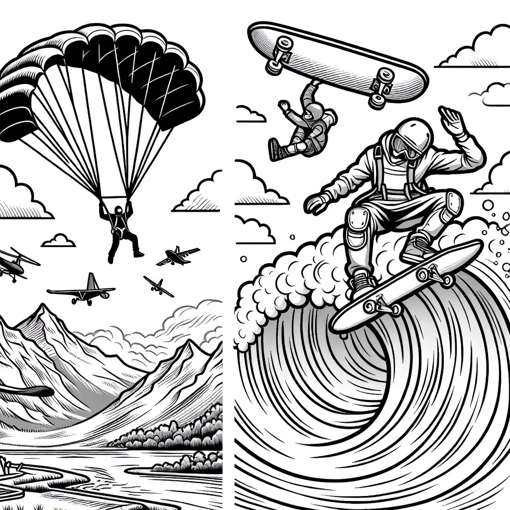 Un saut en parachutisme juste avant de tourbillonner dans le ciel, où un skateboarder effectue une figure sur une demi-lune. Au milieu, des surfeurs chevauchent les vagues gigantesques. Dessine et colorie les figures impressionnantes pratiquées dans ces sports extrêmes.