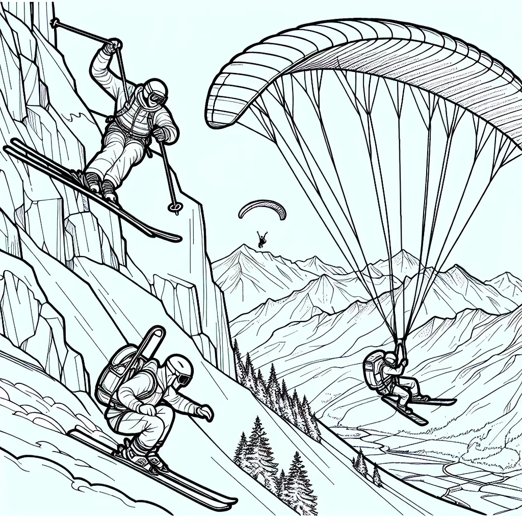 Sur une montagne vertigineuse, des sportifs sont en plein effort. Dessine un skieur qui dévale une pente enneigée, un grimpeur qui escalade une paroi rocheuse et un parapentiste qui vole dans les airs. N'oublie pas de colorier les équipements de sécurité !