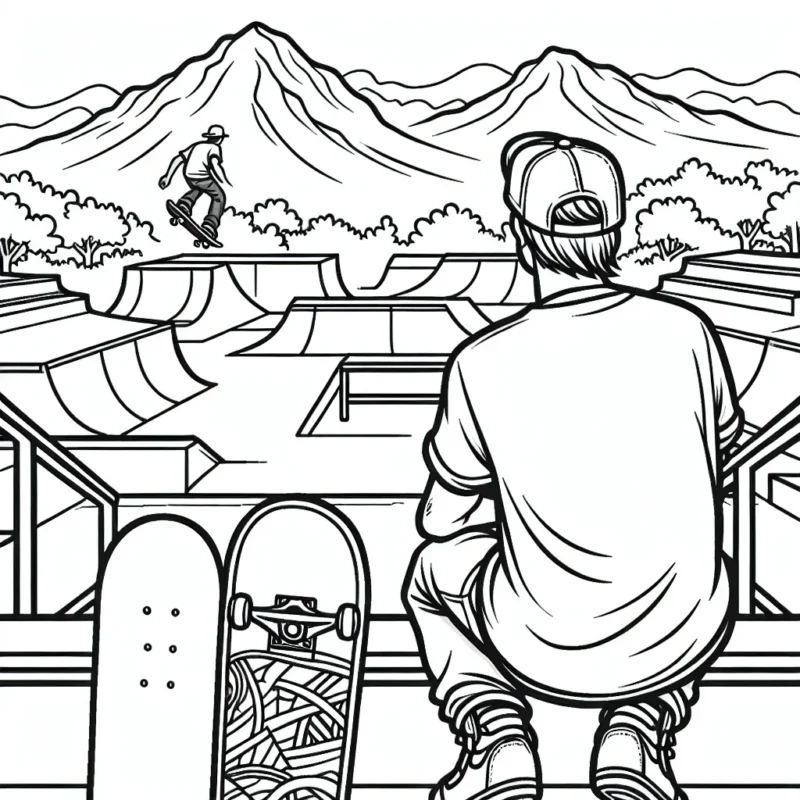 Dans la vue d'un skateur professionnel, dessinez un parc de skateboard plein d'obstacles variés tels que des rampes et des rails, avec une montagne à l'arrière-plan pour montrer le danger et l'excitation du sport.