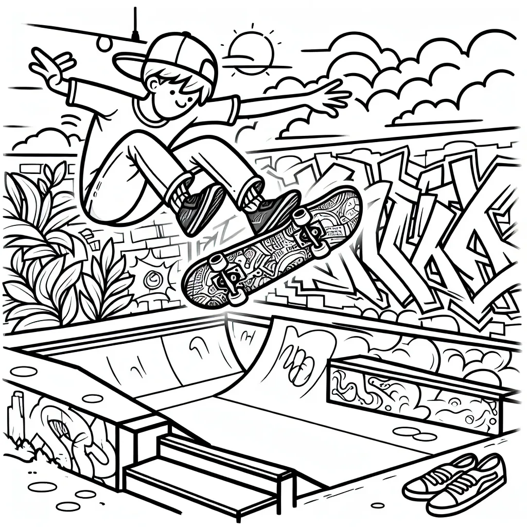 Dessine un skateur effectuant un saut spectaculaire dans un skatepark urbain, avec des graffitis sur les murs