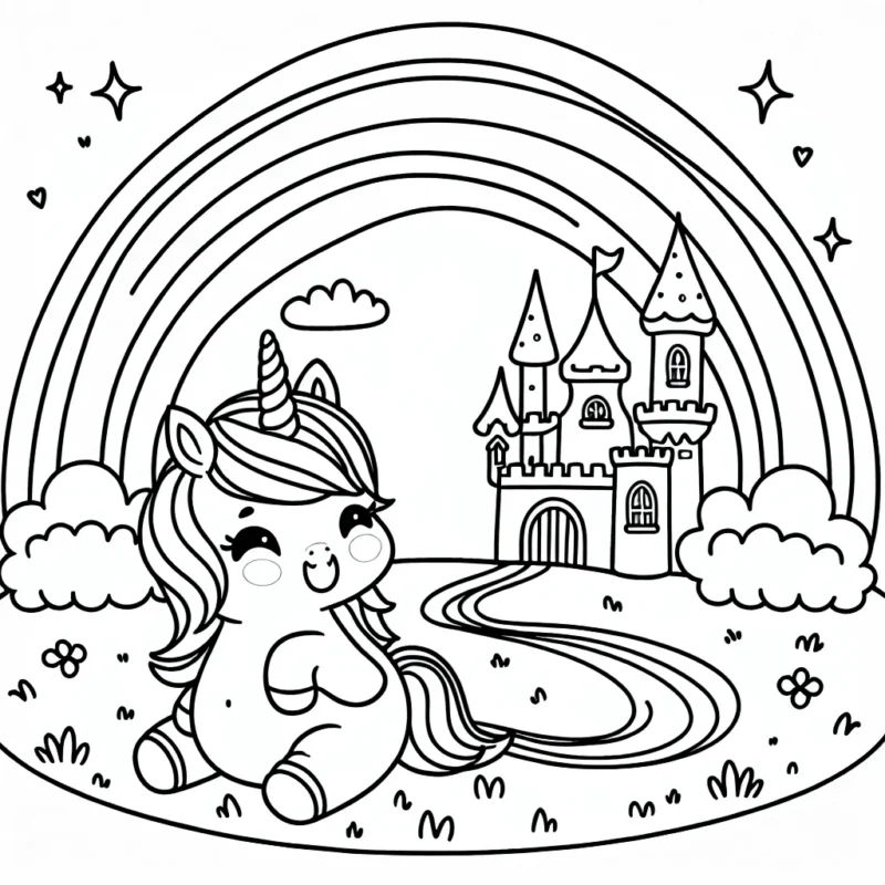 Une petite licorne mignonne joue sous un arc-en-ciel près d'un château de princesses enchanté.