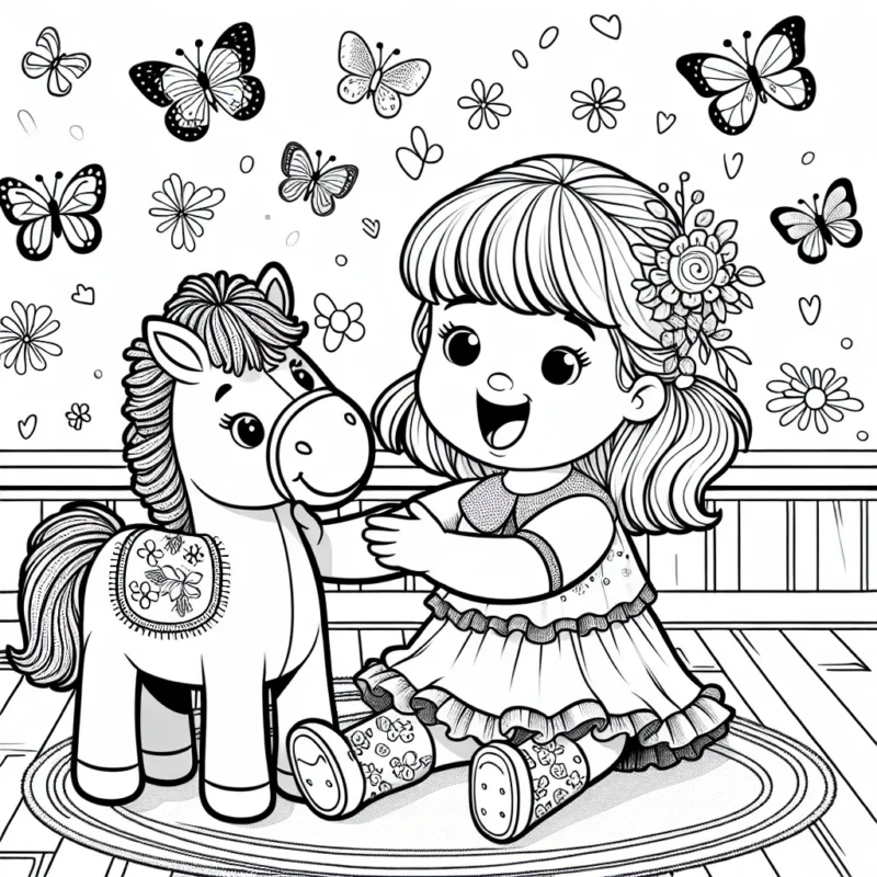 Une petite fille joue avec son jouet préféré, un cheval en peluche, dans une chambre décorée de papillons colorés. Elle porte une robe à volants et des chaussettes aux motifs de fleurs.